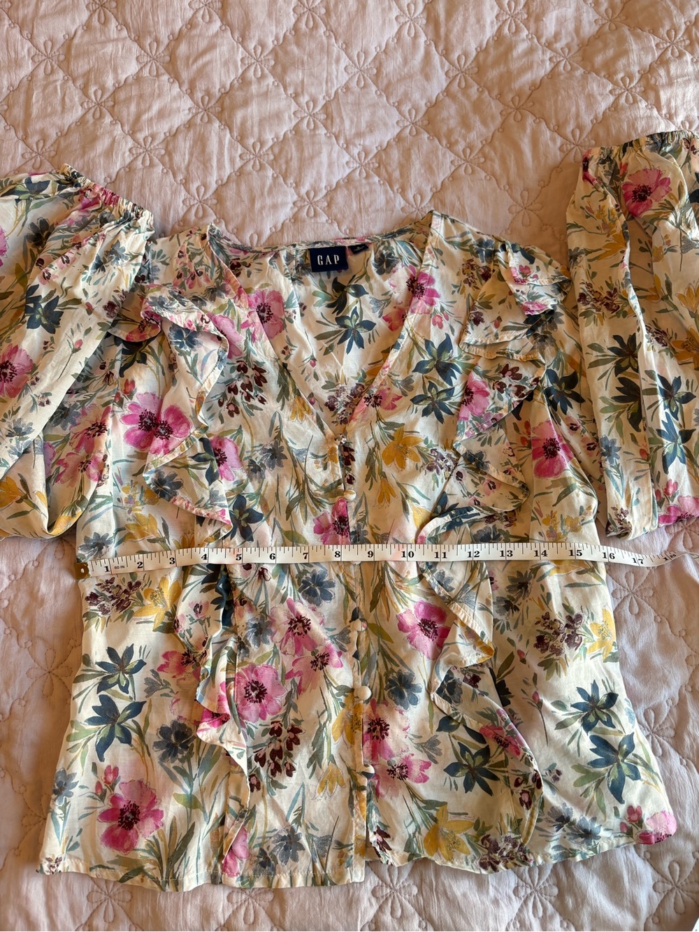 GAP Cream Floral Ruffle V-Neck Blouse with Pink & Yellow Flowers - Picture 4 of 5